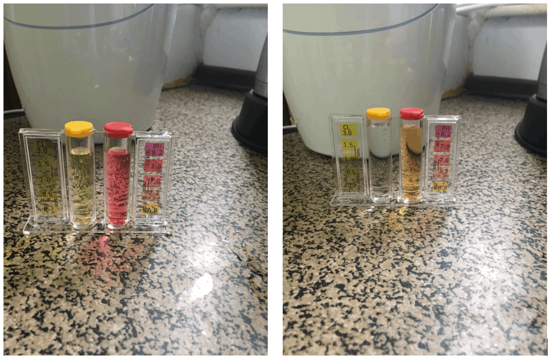 En Madrid, Comparación del agua del grifo antes y después de ser filtrada por el sistema eSpring en Madrid, mostrando la eliminación del cloro y ajuste del pH.